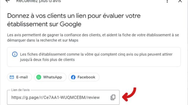 Page Google My Business affichant l'url pour obtenir des avis Google