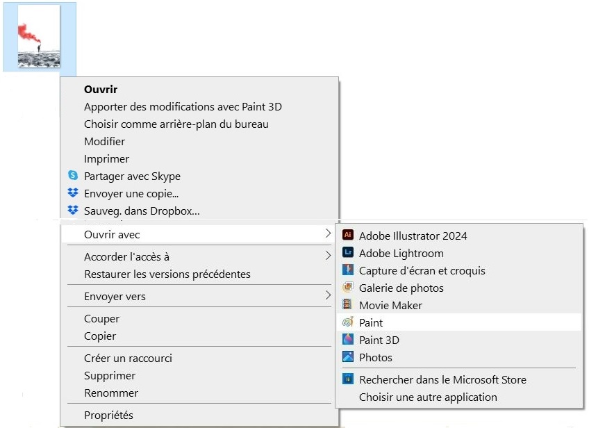 Capture d'écran montrant l'ouverture d'une image avec Paint