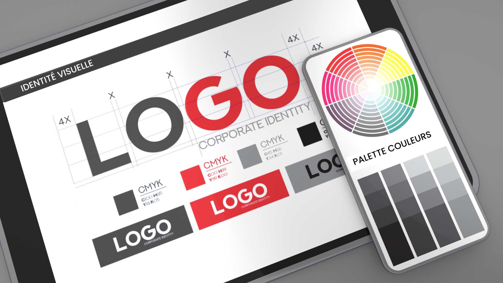Ecrans tablette et mobile affichant des éléments d'une identité visuelle : logo, typographie et et palette de couleurs
