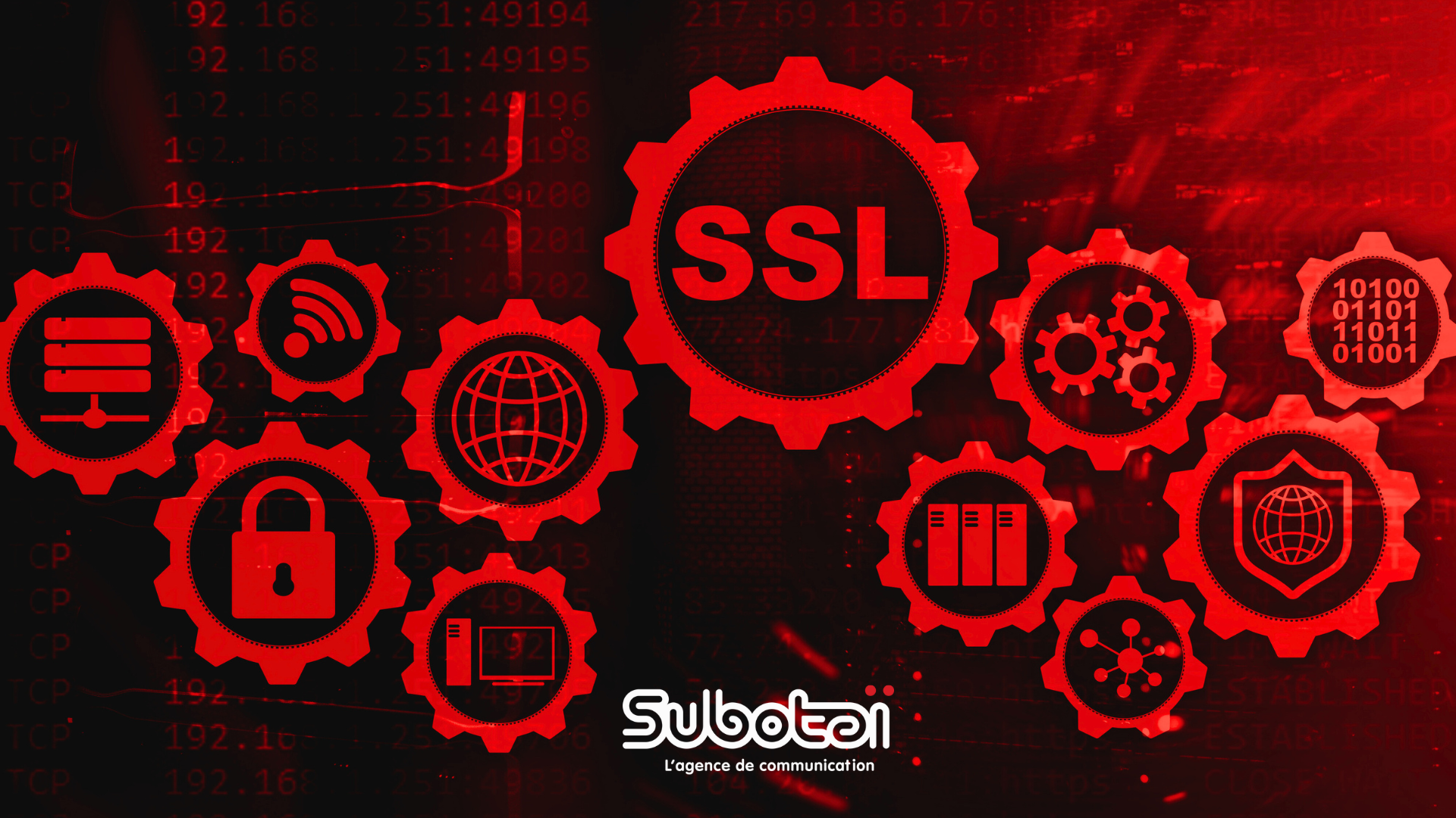 Montage d'icones qui représentent l'ensemble des prestations de l'agence Subotaï en termes d'hébergement de site web, de sécurité, maintenance et support.